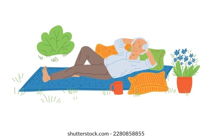 Smiling elderly man resting on plaid outdoor flat style, vector illustration isolated on white background. Glamping, relaxing and leisure, enjoy nature, design element