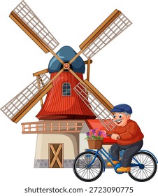 Lächelnder älterer Mann fährt Fahrrad mit Blumen vor roter Windmühle, bunte Vektorgrafik