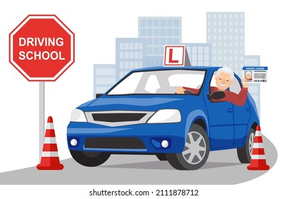 Smiling elderly man sits in a blue training car and shows his driver license. The concept of longevity and an active lifestyle. Driving school or learning to drive. Vector illustration in flat style