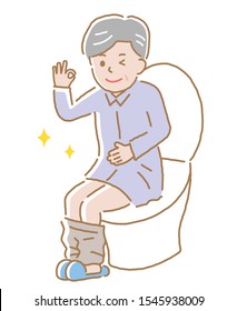 smiling elderly man sitting on toilet seat. Health care concept