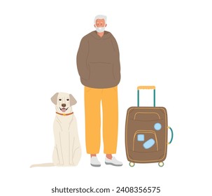 Smiling elderly man with suitcase and dog. Elderly man Traveling with Luggage. Senior Tourist Male Character wearing casual clothes with his pet. Colored flat vector illustration isolated on white
