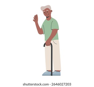 Smiling elderly man waving hand while holding a cane. Full body isolated flat vector illustration, perfect for healthcare, senior lifestyle, support services, or retirement-related content.