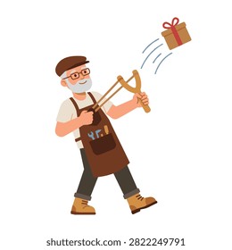 Smiling elderly man wearing a work apron and cap using a large slingshot to launch a wrapped gift box against a white background