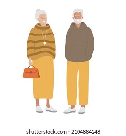 Smiling elderly Man and woman. Fashionable Senior man with gray beard and hair and senior woman wearing casual clothes and shoes. Happy grandparents. Colored flat cartoon vector illustration isolated
