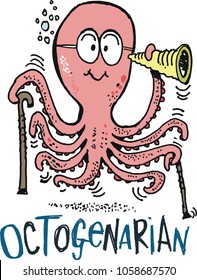 Smiling elderly octopus cartoon wearing glasses, using hearing aid, and walking sticks