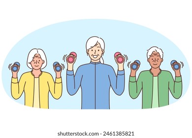 Smiling elderly people with dumbbells in hands workout together. Happy energetic mature grandparents follow healthy lifestyle training exercising. Vector illustration.