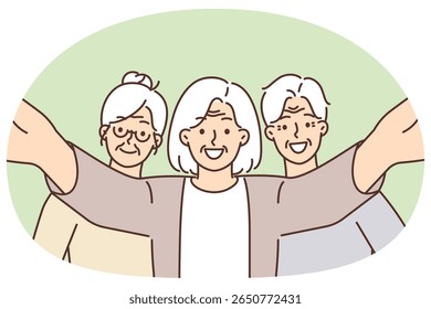 Video Personas mayores sonrientes que posan tomando selfie juntos estilo de vida activo y disfrutando de la jubilación. Hombres y mujeres mayores pasan tiempo juntos durante las reuniones de antiguos colegas o compañeros de clase