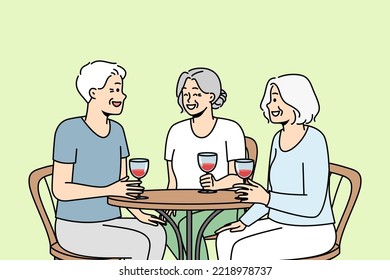 Smiling elderly people sit at table in restaurant drink wine laughing relaxing together. Joyful mature friends enjoy time in cafe. Happy maturity. Vector illustration. 