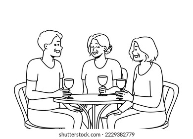 Smiling elderly people sit at table in restaurant drink wine laughing relaxing together. Joyful mature friends enjoy time in cafe. Happy maturity. Vector illustration. 