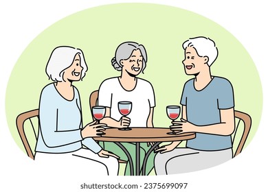 Smiling elderly people sit at table in restaurant drink wine laughing relaxing together. Joyful mature friends enjoy time in cafe. Happy maturity. Vector illustration.