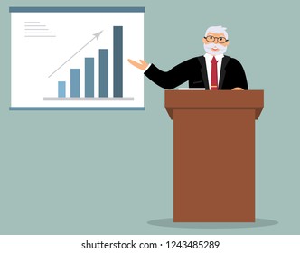 Smiling elderly speaker with beard stands behind the brown wooden lectern and carries out the report, makes analysis of the chart of growth. Blue background. Vector illustration