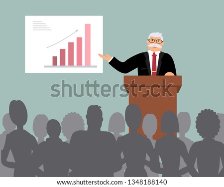 Smiling elderly speaker stands behind the brown wooden lectern and carries out the report before the audience, makes analysis of the chart of growth. Blue background. Vector illustration