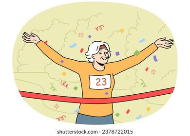 Smiling elderly woman cross finish line at running contest. Happy mature female athlete win race finishing first. Hobby and sport. Vector illustration.