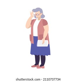 Smiling elderly woman with glasses holding newspaper flat icon vector illustration
