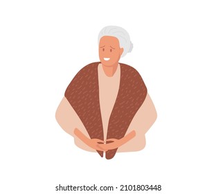 Smiling elderly woman with gray hair. Senior woman wears warm shawl or winter handkerchief on his shoulders. Kind grandmother wrapped in warm shawl. Flat cartoon vector illustration.