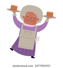 Smiling elderly woman holding two delicious homemade cakes