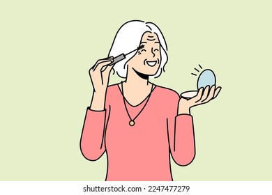 Smiling elderly woman look in mirror doing makeup. Happy optimistic mature grandmother do beauty procedures at home. Vector illustration. 