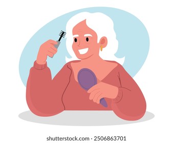 Smiling elderly woman look in mirror doing makeup. Happy optimistic mature grandmother do beauty procedures at home. Vector illustration.