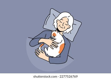 Smiling elderly woman lying in bed with cat sleeping on chest. Happy mature grandmother sleep at home cuddling hugging pet. Vector illustration. 