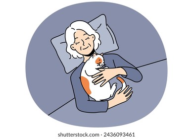 Smiling elderly woman lying in bed with cat sleeping on chest. Happy mature grandmother sleep at home cuddling hugging pet. Vector illustration.