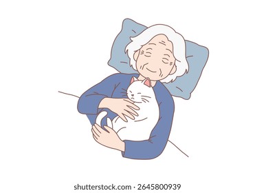 Mulher idosa sorridente deitada na cama com gato dormindo no peito. Feliz avó madura dormir em casa abraçando abraço animal de estimação. Ilustrações de design de vetor de estilo desenhado à mão.