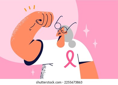 Smiling elderly woman with pink ribbon on chest overcome cancer. Happy mature grandmother survive oncology. Healthcare. Vector illustration. 