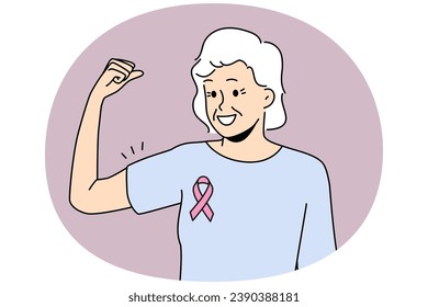 Smiling elderly woman with pink ribbon on chest feel powerful overcome breast cancer. Happy mature female survive oncology. Healthcare. Vector illustration.