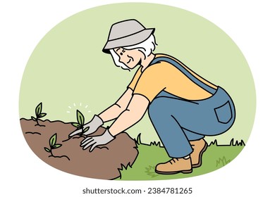 Smiling elderly woman plant seedlings in ground. Happy mature female gardener engaged in horticulture outdoors. Gardening and hobby. Vector illustration.