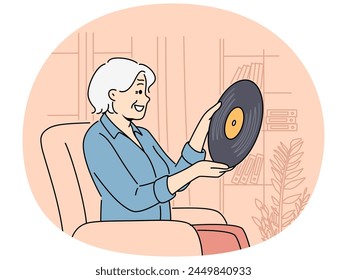 Smiling elderly woman relax at home listen to vinyl. Happy mature grandmother enjoy retro music. Hobby and leisure. Vector illustration.