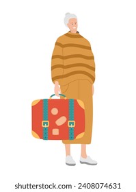 Smiling elderly woman with suitcase. Elderly Woman Traveling with Luggage. Senior Tourist Female Character with gray hair wearing casual clothes. Colored flat vector illustration isolated on white