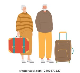 Smiling elderly woman and woman with suitcases. Elderly family Traveling with Luggage. Senior Tourists Characters wearing casual clothes. Colored flat vector illustration isolated on white background