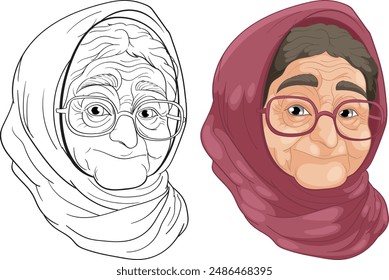 Smiling elderly woman wearing glasses and headscarf
