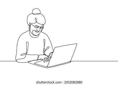 Smiling elderly woman working on laptop line art vector illustration. Grandma chat on social networks or talking to grandchildren via internet