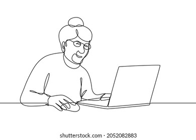 Smiling elderly woman working on laptop line art vector illustration. Grandma chat on social networks or talking to grandchildren via internet