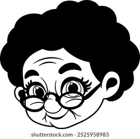 Rosto de mulher idosa sorridente. Desenho monocromático. Ilustração vetorial.