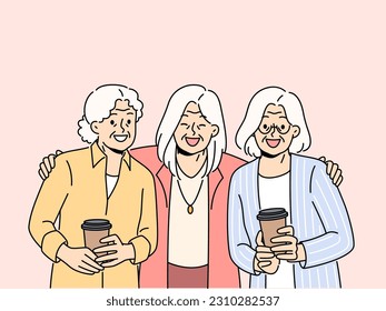 Las ancianas sonrientes toman café abrazándose y disfrutan de una amistad duradera. Felices amigos maduros muestran unidad y unión a través de los años. Ilustración vectorial. 