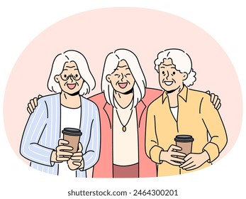 Las ancianas sonrientes beben un abrazo de café y disfrutan de una amistad duradera. Amigos maduros felices muestran unidad y unión a través de los años. Ilustración vectorial.