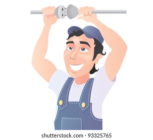 Smiling electrician in blue uniform connecting cable