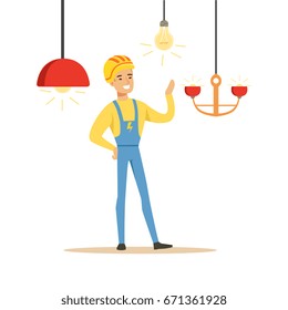Smiling electrician in uniform installing chandeliers, electric man performing electrical works vector Illustration