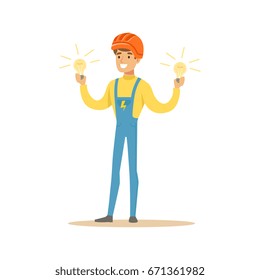 Smiling electrician in uniform standing and holding electric bulbs, electric man performing electrical works vector Illustration