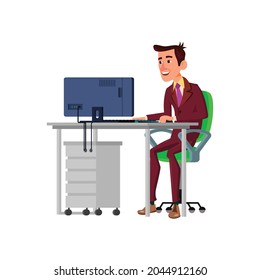 un hombre sonriente y elegante en línea se comunica con un cliente en un vector de dibujos animados por computadora. un hombre sonriente y elegante en línea se comunica con el cliente en el personaje de la computadora. ilustración de dibujos animados planos aislados