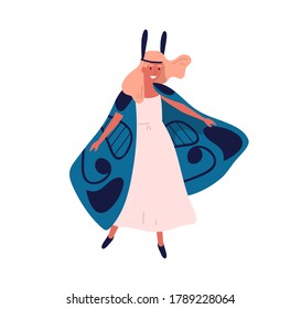 Smiling elegant woman in butterfly costume vector flat illustration. Female with big colorful wings dancing celebrating holiday isolated on white. Cute girl wearing carnival apparel at theme party