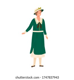 Smiling elegant woman standing in dress and hat vector flat illustration. Happy fashionable lady demonstrate retro style apparel isolated on white. Female posing in vintage garment of 1917 year