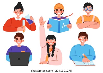 Smiling elementary school children set. Cheerful pupils cartoon characters reading, writing, raising arm, using laptop etc.
