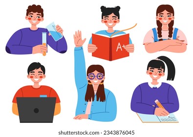 Smiling elementary school children set. Cheerful pupils cartoon characters reading, writing, raising arm, using laptop etc.