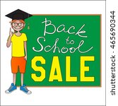 Smiling elementary school student with blackboard. Banner Back to School and SALE. Vector illustration.