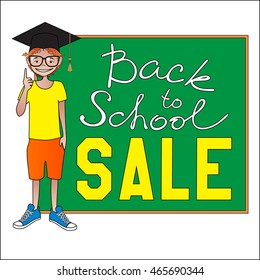Smiling elementary school student with blackboard. Banner Back to School and SALE. Vector illustration.