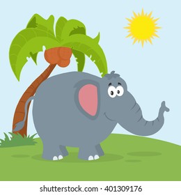 Smiling Elephant Cartoon Character. Vector Illustration Flat Design Style With Background