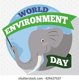 Smiling elephant with a long green flag celebrating awareness and care in World Environment Day.