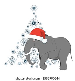 Smiling elephant put Santa's red hat on and came to celebrate. Snowflakes Xmas tree on the background